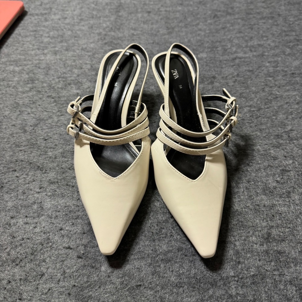 Zara Women Cream Patent Multi Buckle Strap Pointed Toe Slingback Kitten Heels 36 - Picture 2 of 7